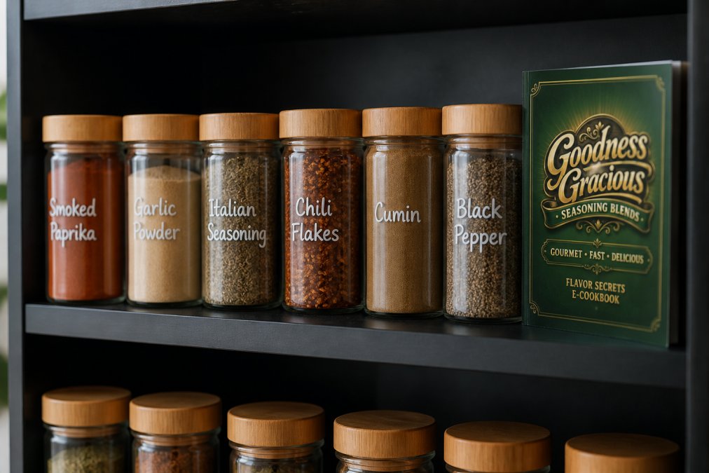 Organized glass spice jars with handwritten labels arranged on a cool, dark kitchen shelf in a dry pantry area, showing proper storage setup away from heat sources