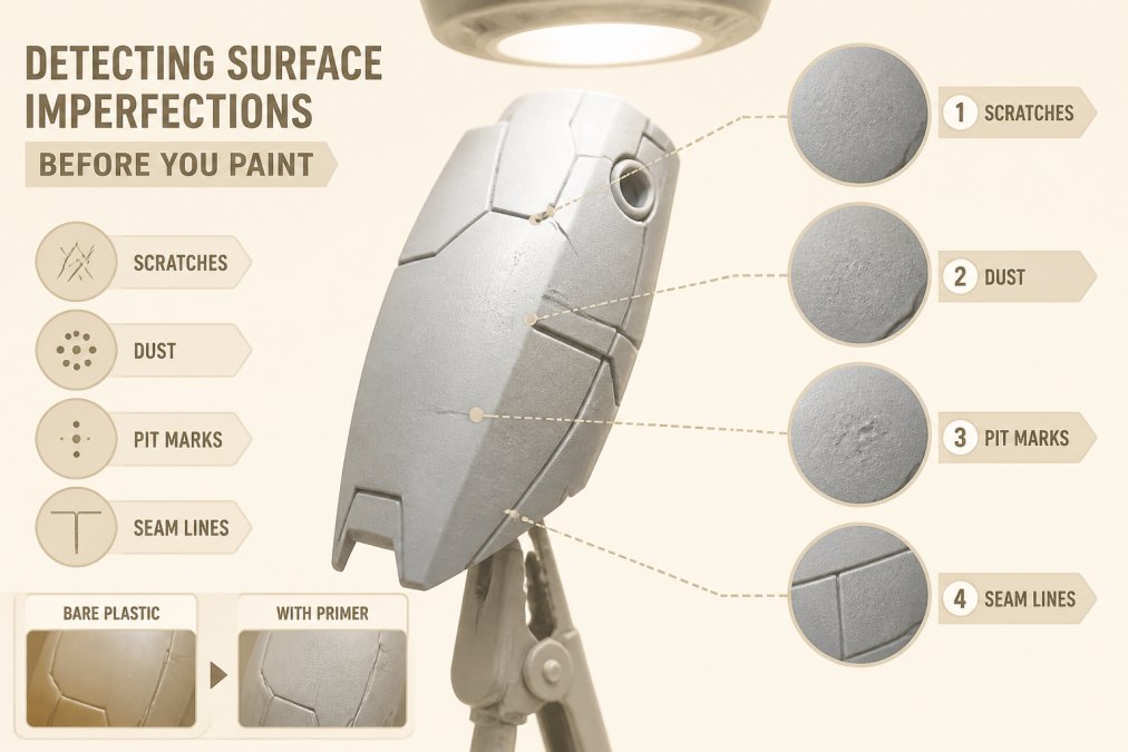 Close-up of a Gunpla model part under bright overhead lighting showing visible surface scratches, dust particles, and minor imperfections highlighted by matte primer coating