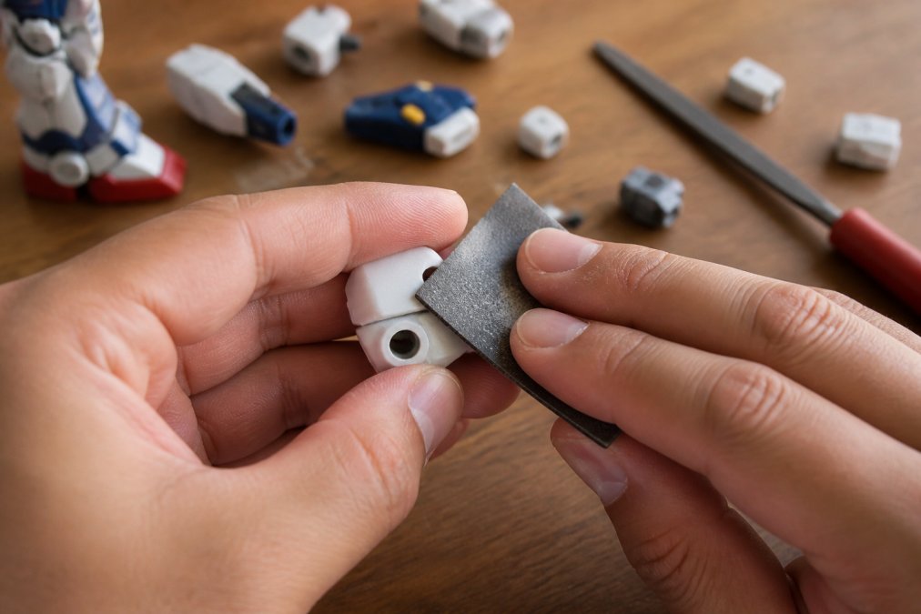 Hands holding a Gunpla plastic part and sanding it with fine-grit sandpaper on a wooden work surface, showing proper technique with gentle circular motions and dust particles visible in natural window lighting
