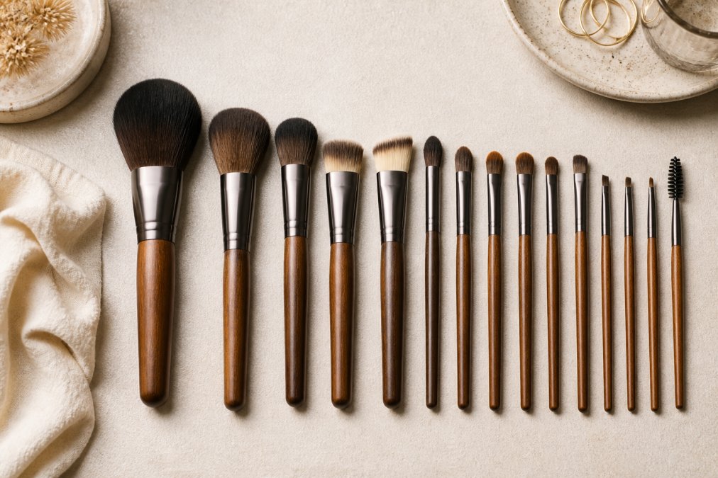 Flat lay of a curated professional makeup brush collection arranged by size and type on a neutral cream-coloured surface, displaying foundation brushes, eyeshadow brushes, concealer brush, and powder brush with natural wood handles