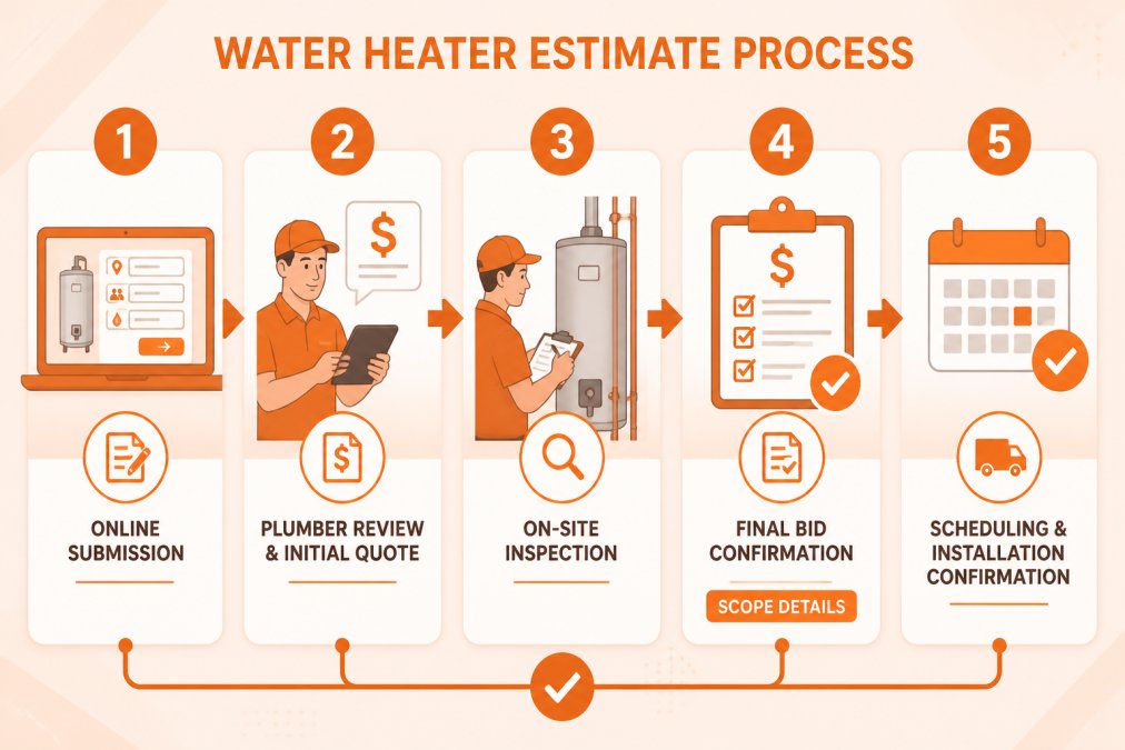 Flowchart showing 5-step estimate process: online submission and details entry, plumber review and initial quote, on-site inspection and assessment, final bid confirmation with scope details, scheduling and installation confirmation