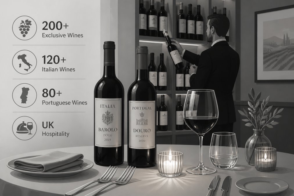An intimate restaurant table setting with fine glassware, premium wine bottles displaying Italian and Portuguese labels, soft candlelight reflecting off the glass, and a sommelier in the background selecting from the wine collection