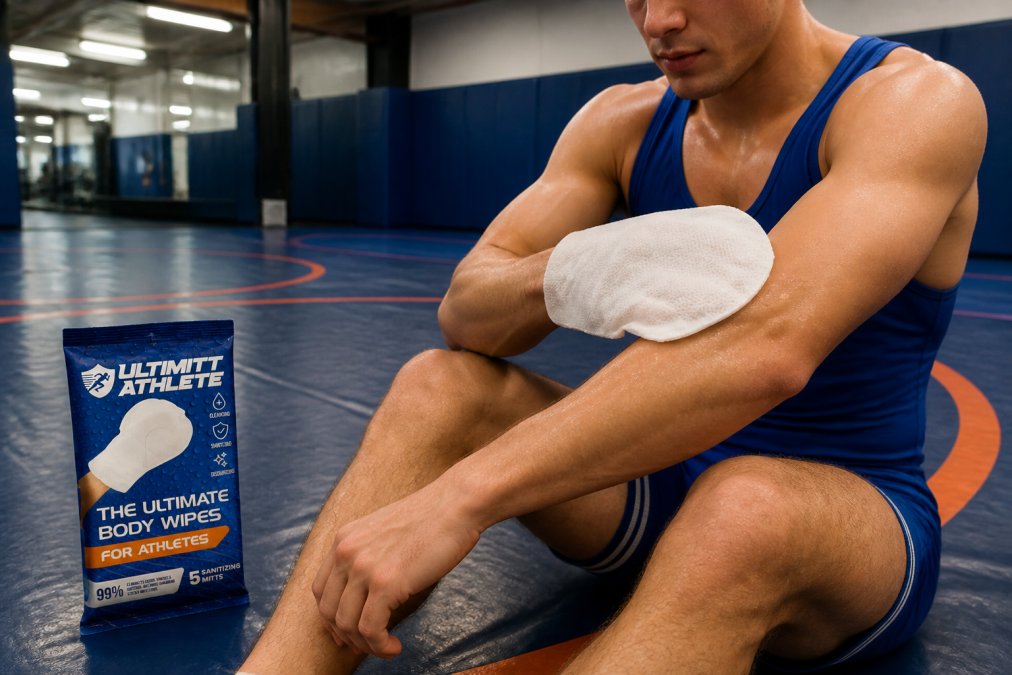Close-up of a wrestler using a large body wipe mitt on their forearm after training, gym mats visible in the background under bright fluorescent lighting