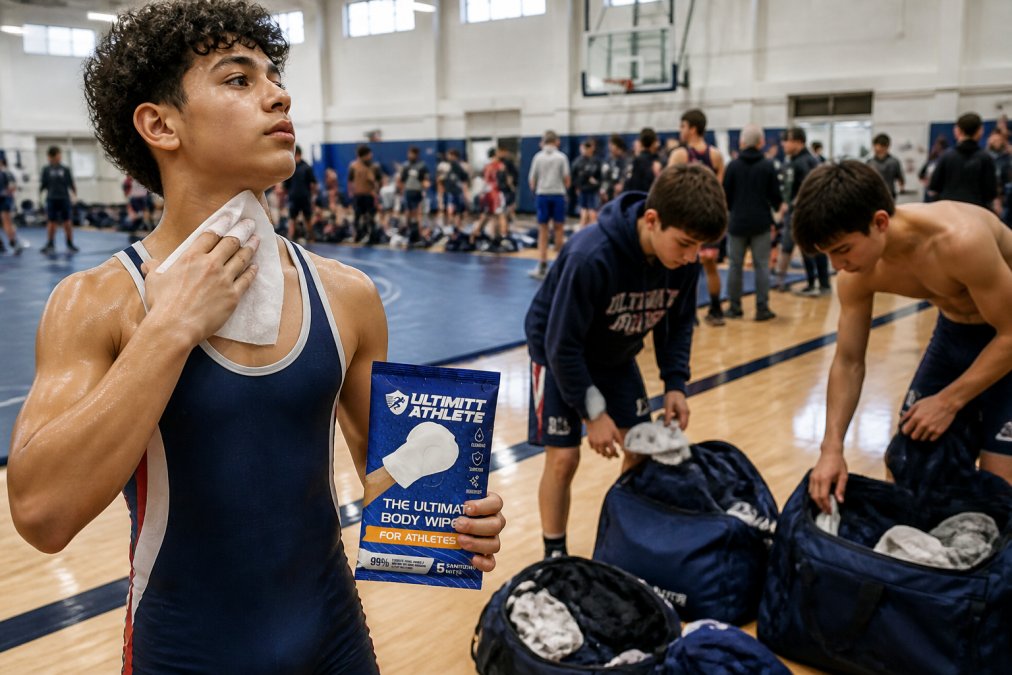 A group of youth wrestlers at a tournament, one athlete using a cleaning mitt on their neck and chest while teammates organize gear bags in a bright gymnasium background