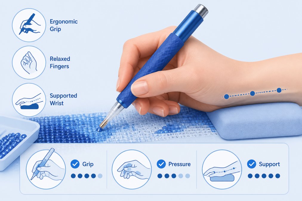 Close-up of hands holding a specialized diamond drill pen with proper ergonomic grip during active diamond painting, showing comfortable wrist positioning and relaxed finger placement on textured barrel