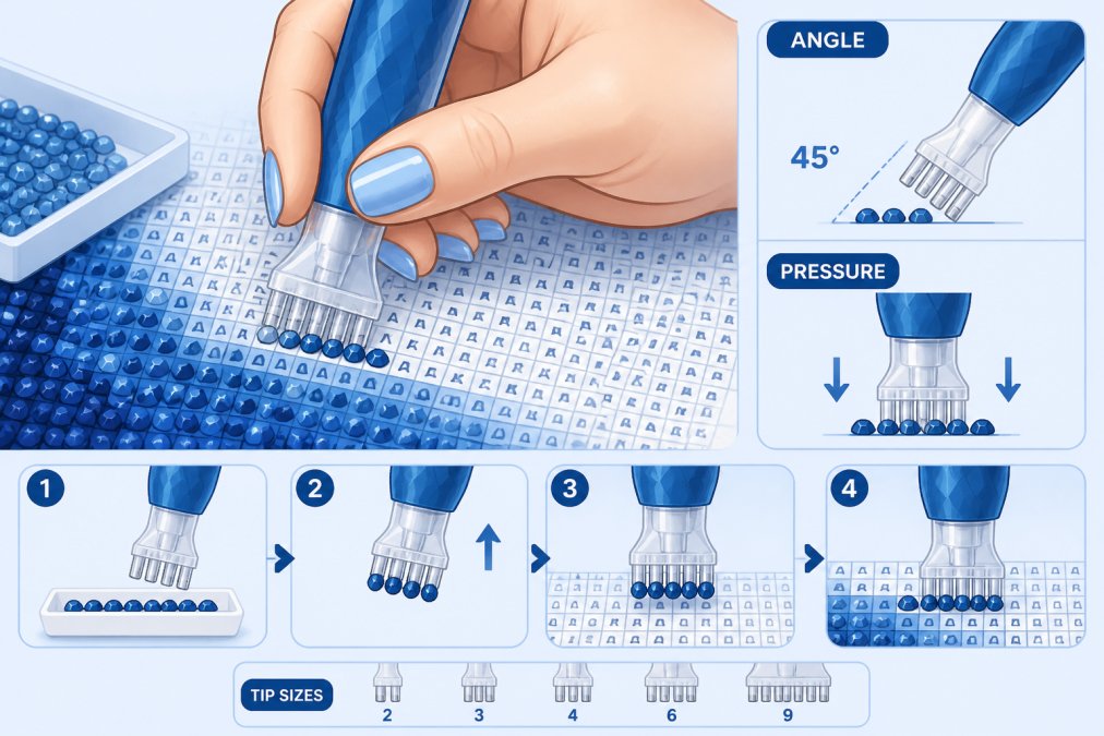 Hands demonstrating multi-placer tip placement on a diamond painting canvas with multiple drills being positioned simultaneously, showing proper angle and pressure technique