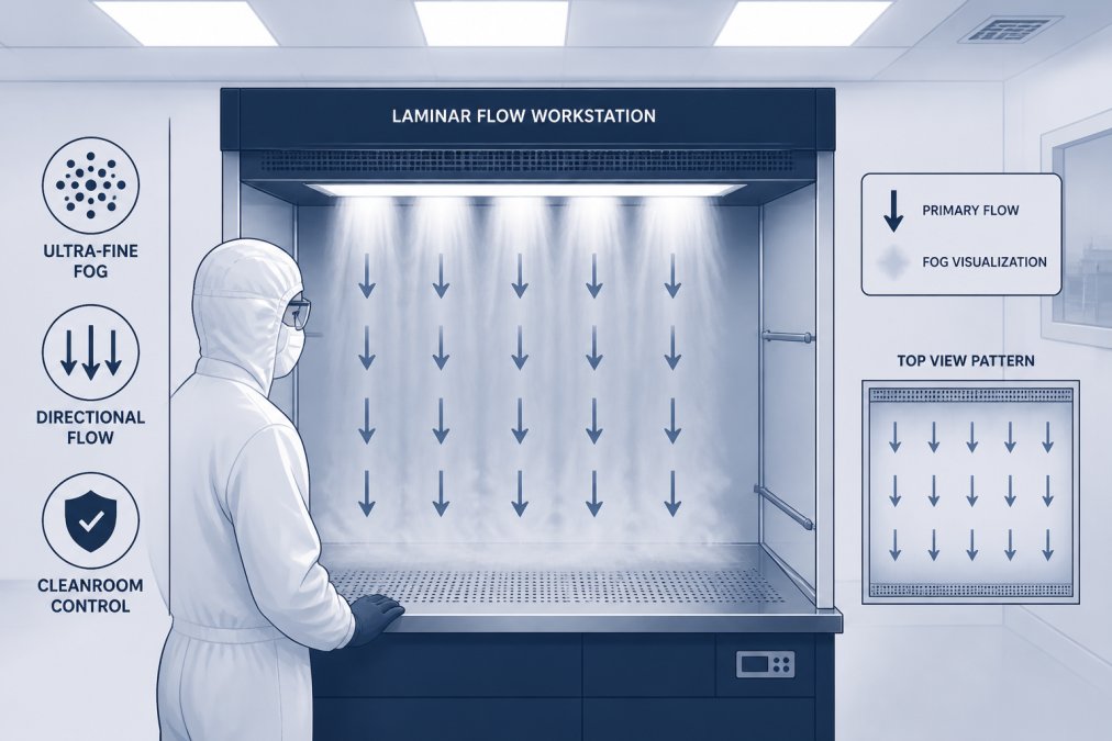 Cleanroom technician in protective suit observing ultra-fine fog flowing smoothly downward across a laminar flow workstation, with fog patterns clearly showing directional airflow movement under bright overhead lighting in a sterile pharmaceutical environment