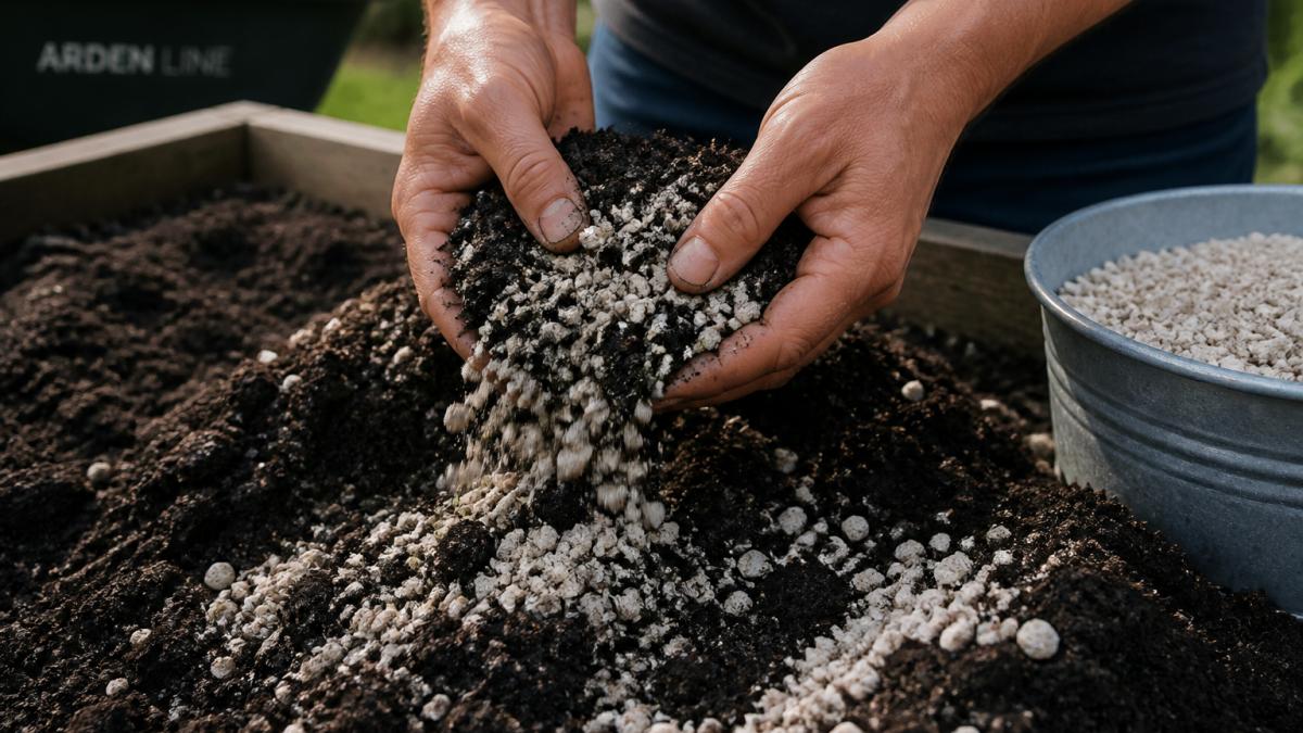 Close-up of hands mixing light-colored zeolite mineral particles into dark garden soil in a raised bed, showing the contrast between the porous mineral and rich soil texture