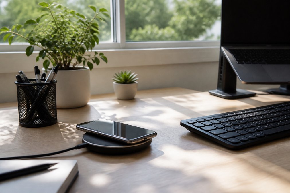 Clean, organized home office desk with a smartphone resting on a wireless charging pad, minimal cables visible, natural daylight streaming through a window, organized workspace with peripherals