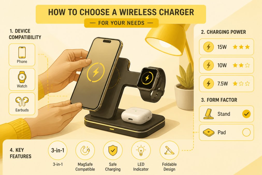 Close-up of hands carefully placing an iPhone on a 3-in-1 wireless charging stand with a smartwatch and wireless earbuds positioned on adjacent charging surfaces, warm afternoon lighting from desk lamp