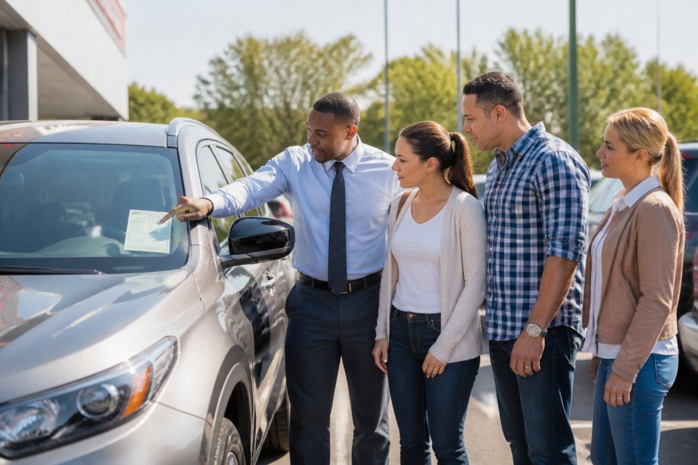 A diverse group of car buyers examining a used SUV on a dealership lot, with a salesperson pointing at a price tag, natural daylight, candid moment