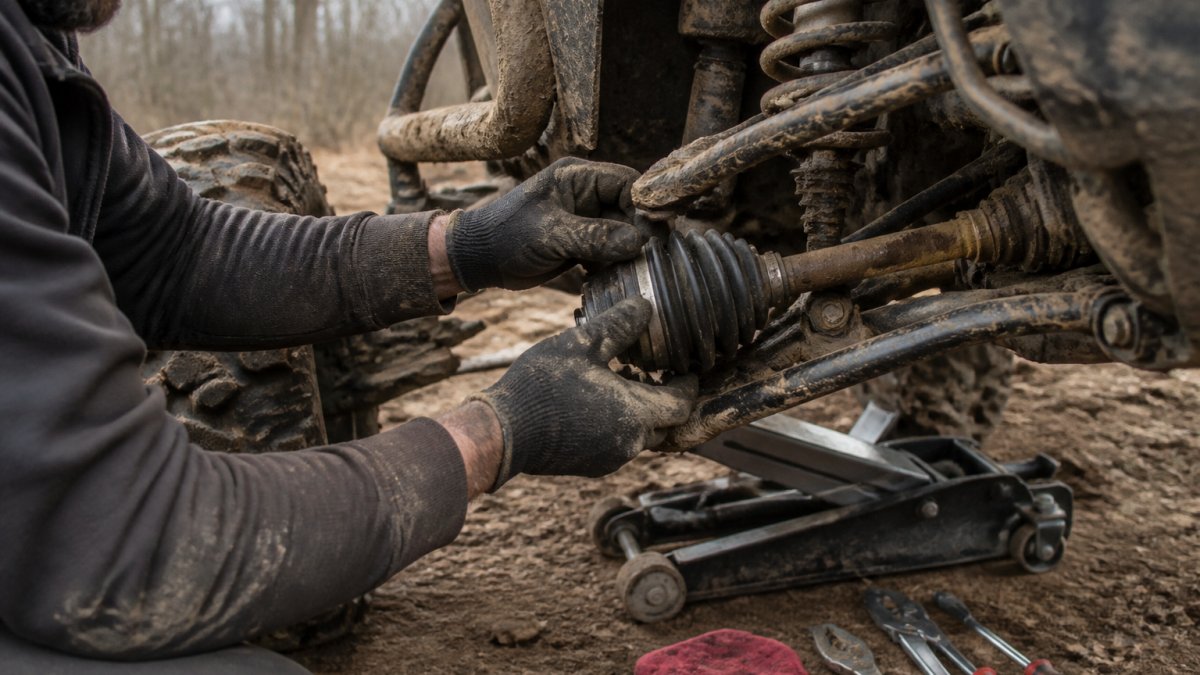 Close-up of a rider's gloved hands inspecting a UTV CV boot and axle near a muddy trailside, machine lifted on a jack with tools nearby, overcast daylight