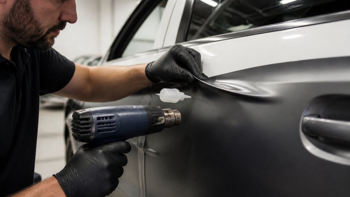 Professional technician's hands carefully lifting and resealing a lifted vinyl wrap edge on a vehicle door using heat gun and adhesive, showing precision repair technique in progress