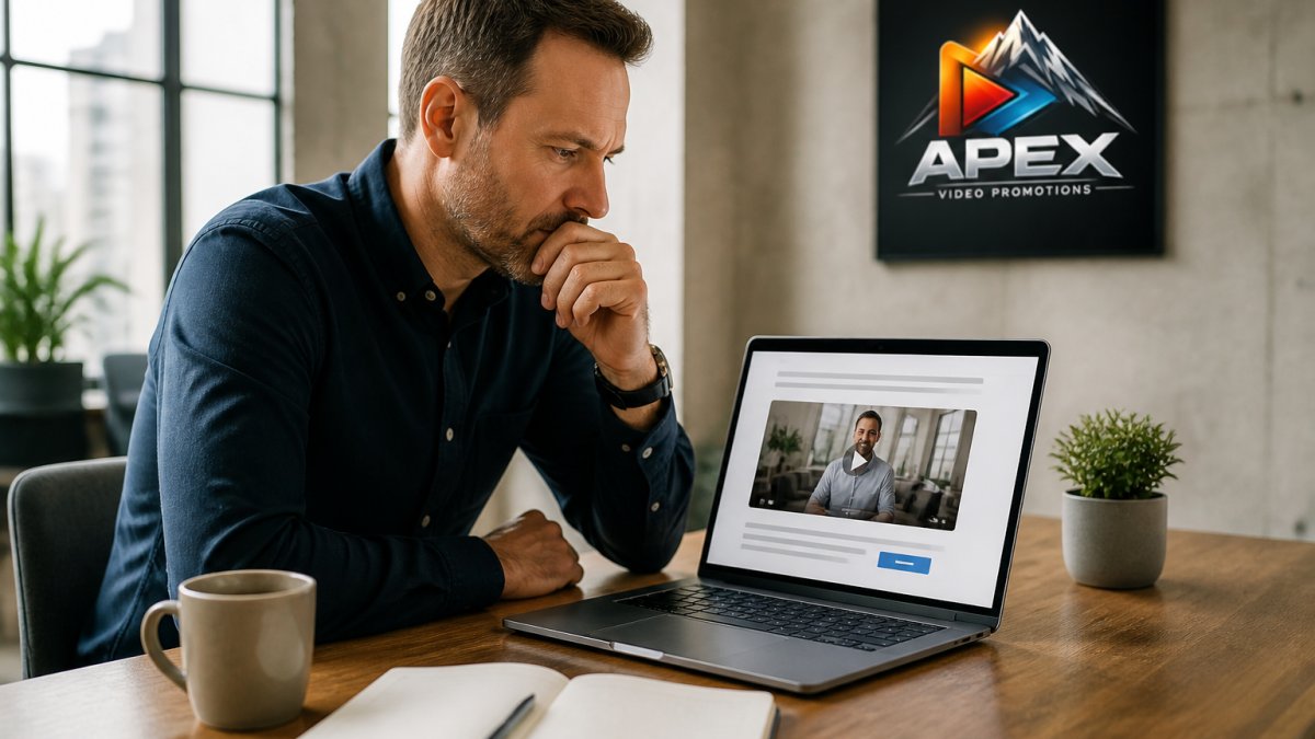 A marketing manager at a desk reviewing a website landing page with an embedded video on a laptop screen, notebook and coffee nearby in a bright modern office