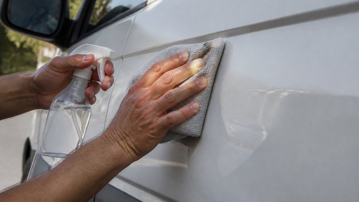 Person cleaning a vehicle surface with a microfiber cloth and rubbing alcohol before applying a vinyl sticker
