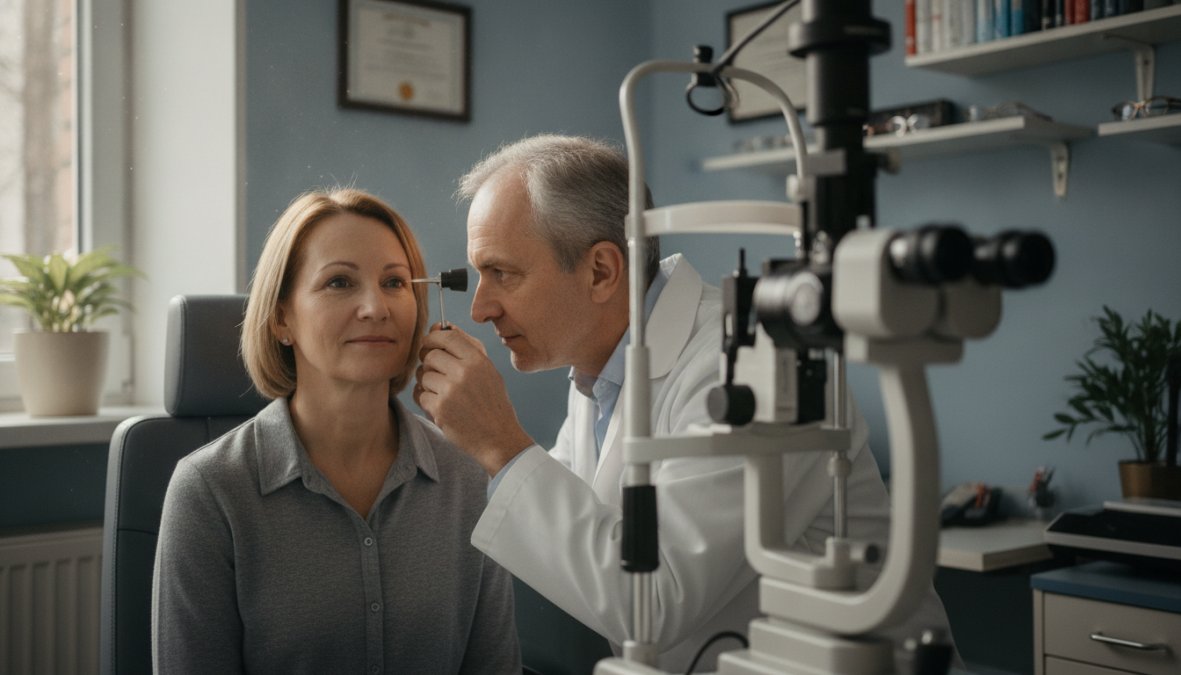 Close-up of a mature adult's eye being examined with a slit lamp by an ophthalmologist in a well-lit clinical setting, with the doctor's face visible in the background and precise instrument lighting illuminating the patient's eye