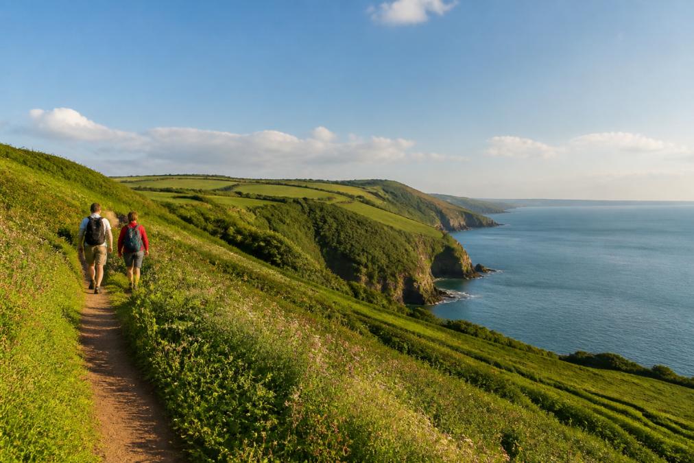 Hikers on coastal footpath overlooking rolling green hillsides, dramatic sea cliffs, and distant coastline under clear blue sky with soft shadows