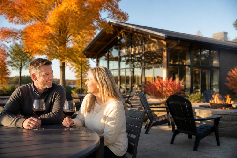 A couple relaxing with glasses of wine on an outdoor patio surrounded by autumn trees with colorful leaves, warm sunlight, and a modern winery building in the background