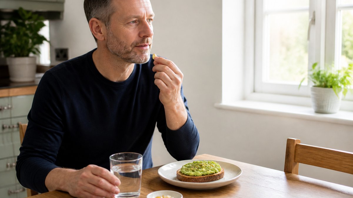 Infographic illustrating the daily routine of taking supplements with a healthy breakfast for brain health