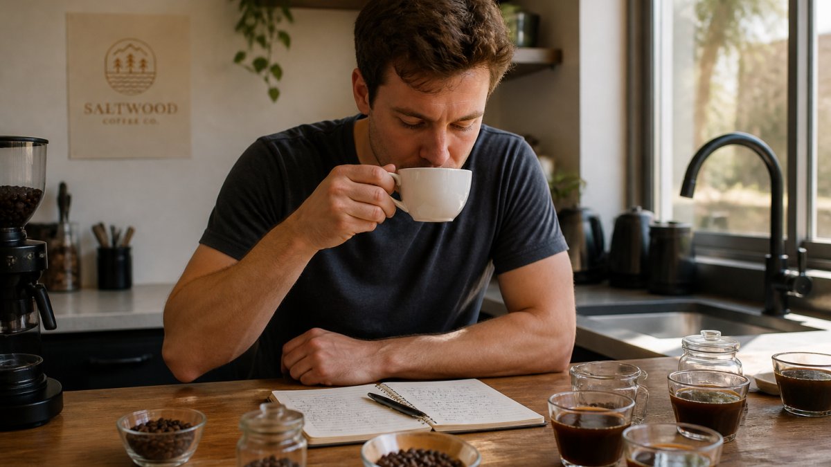 A person at a kitchen counter tasting freshly brewed coffee from a white cup, with a notebook and pen nearby for recording notes, soft morning light through a window