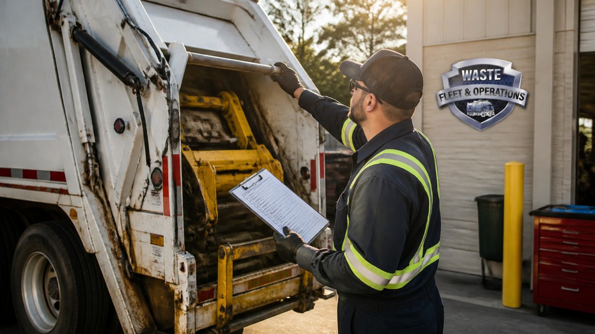 Professional waste truck driver performing pre-shift vehicle inspection, checking the hydraulic lift arm and collection mechanism with a laminated checklist in hand, morning sunlight in a maintenance yard