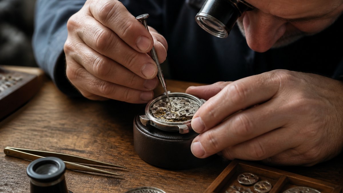 Close-up of a watchmaker's hands using a small screwdriver on an open mechanical watch movement at a wooden workbench, with loupe and tweezers nearby