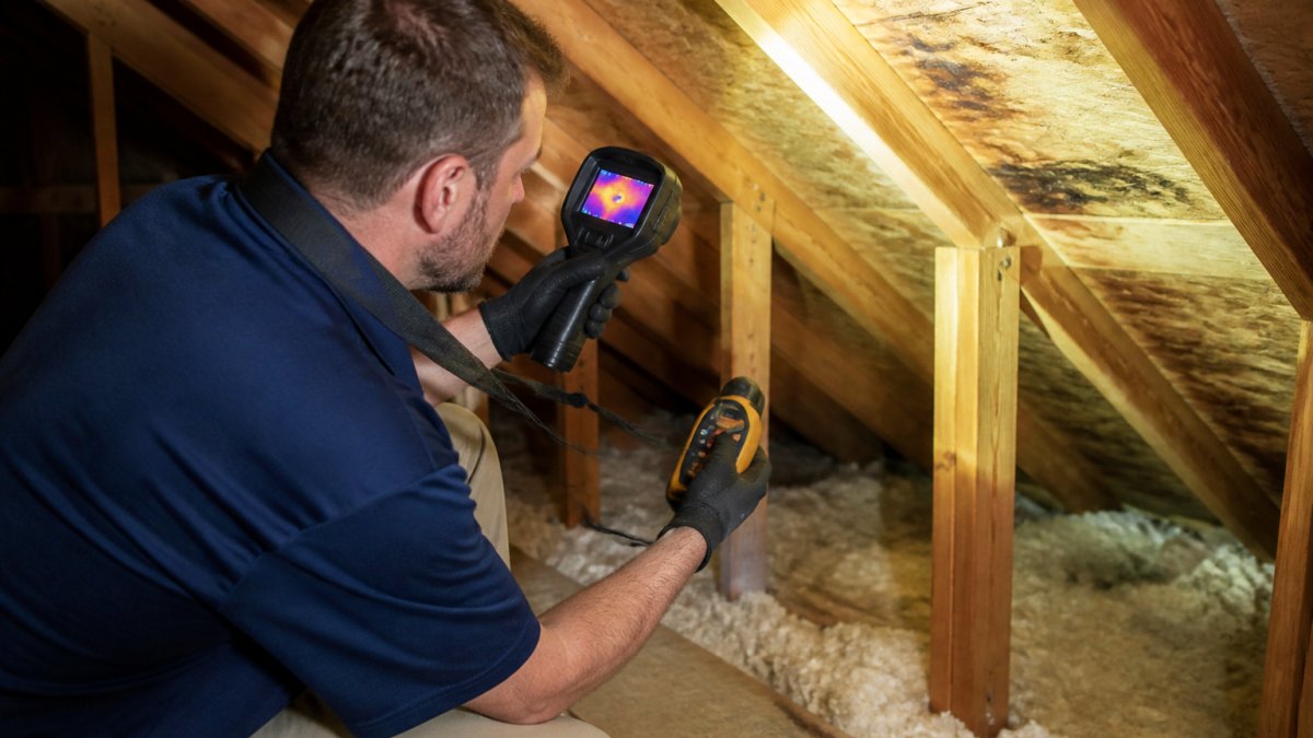 Professional home inspector using thermal imaging equipment and moisture meter to check attic for water damage and moisture intrusion, examining wooden beams under bright inspection lighting