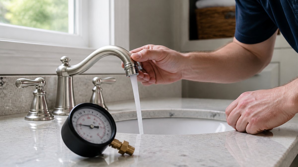 Close-up of a homeowner's hand checking water pressure at a bathroom sink faucet with a pressure gauge visible on the counter, natural lighting from a window