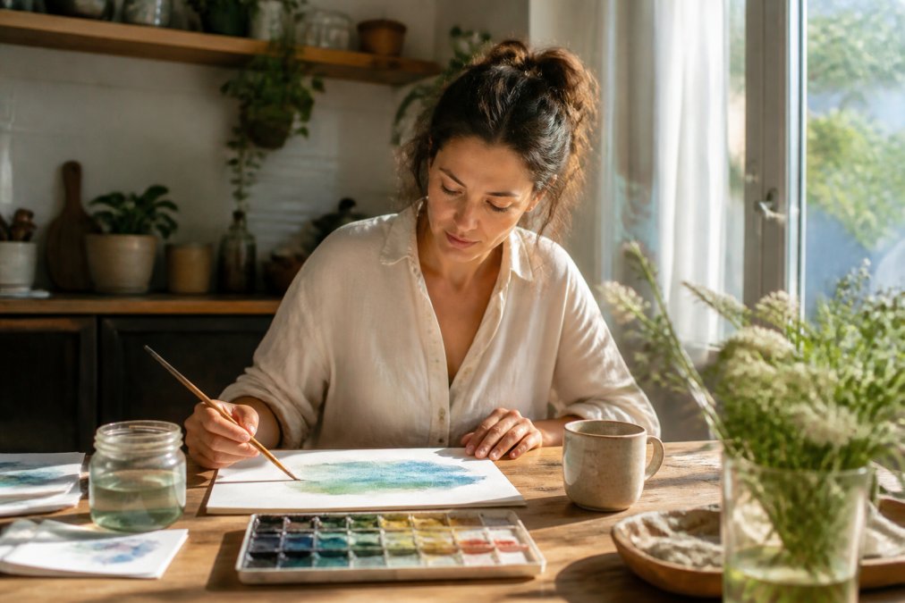 Step-by-step process of using watercolor art for a calm morning routine of daily reflection at a sunlit table.