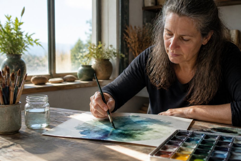 Woman holding a watercolor brush over a wet painting with focused expression, soft natural light illuminating her hands and the paper as pigment blooms across the surface