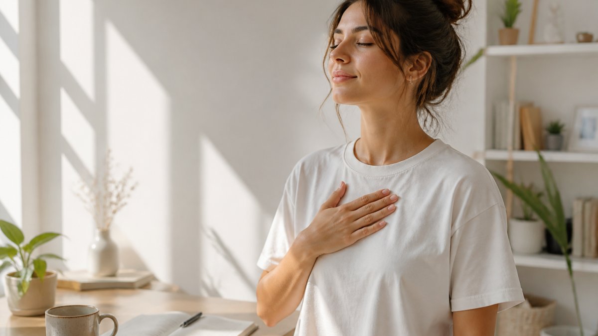 A young woman in a minimalist white angel number tee standing in a sunlit room, one hand resting on her chest, eyes closed, taking a slow breath. Soft morning light, calm expression, journal and coffee cup on a nearby table.