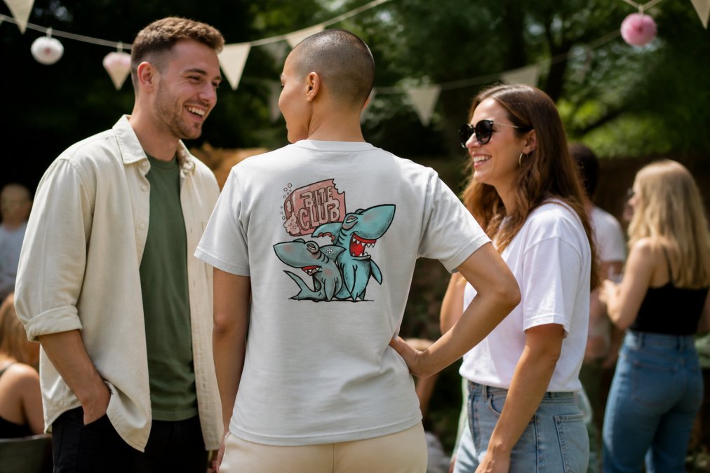 Person wearing a hand-drawn graphic tee at a casual social gathering, confidently displaying the unique artwork while conversing with friends, natural outdoor lighting