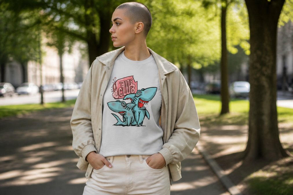 Close-up of a hand-drawn artistic t-shirt paired with neutral jeans and a casual jacket, showing how statement pieces work with everyday basics, natural daylight