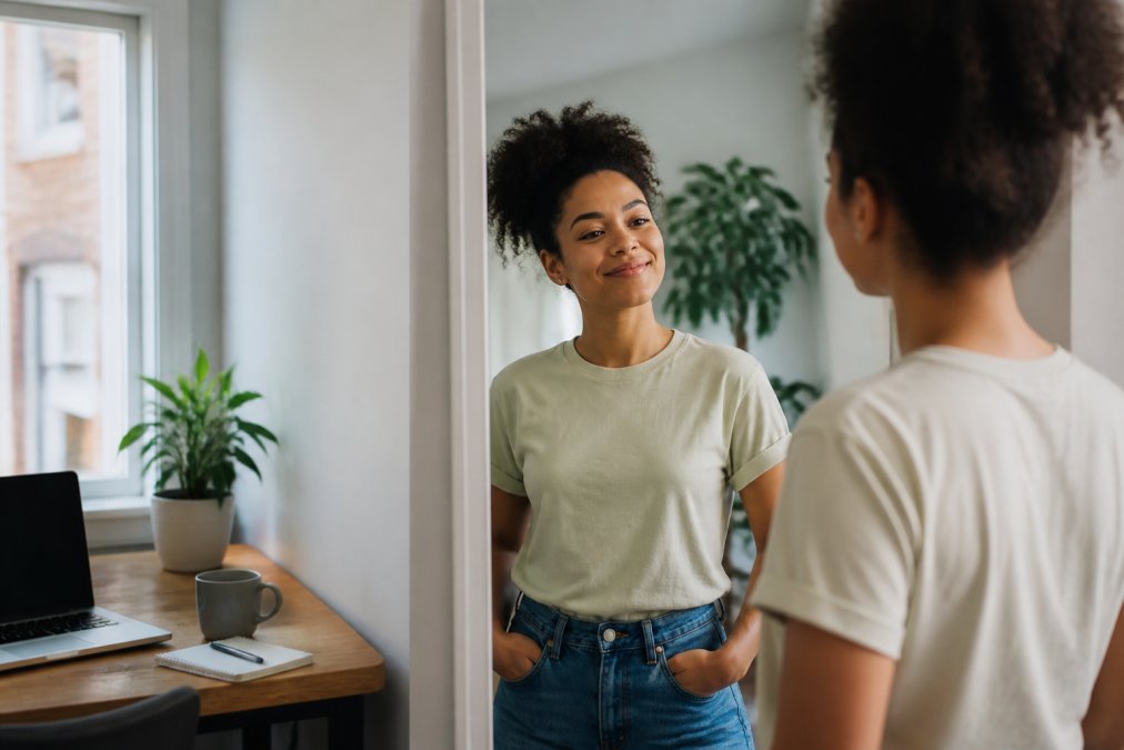 A confident professional in a graphic tee with empowering messages smiles at their reflection in a home office.