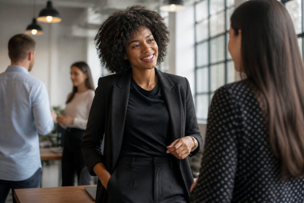 A young professional wearing a black graphic tee with a subtle motivational message, layered under a blazer, standing confidently in a bright modern office