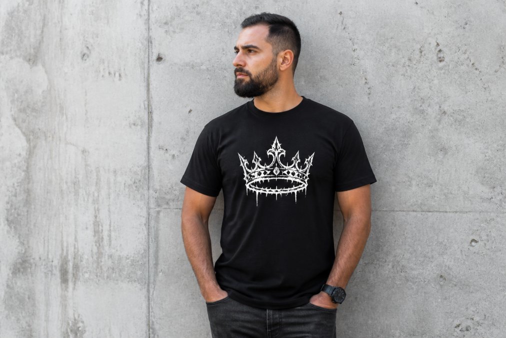 A man in his thirties wearing a heavyweight black graphic t-shirt with a bold crown design, standing outdoors in natural daylight against a plain concrete wall, arms relaxed, expression calm and confident