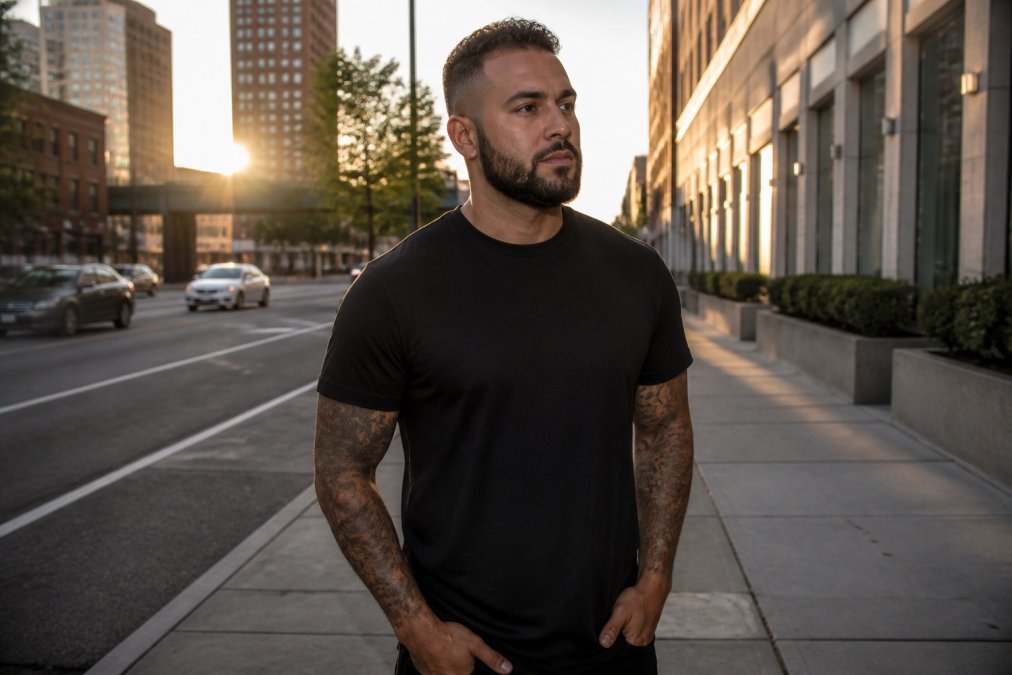 A confident man in a bold Christian graphic tee with a scripture reference standing on a city sidewalk at golden hour, candid relaxed expression, natural outdoor lighting