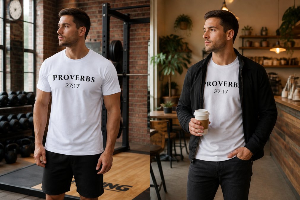 Person wearing faith-based apparel in gym setting, then transitioning to casual coffee shop environment, showing same shirt styled differently with casual outerwear and accessories