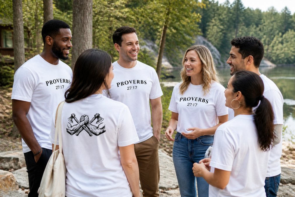 Group of diverse believers wearing faith-based apparel gathered outdoors in natural setting, engaged in conversation and community, showing genuine connection and spiritual fellowship
