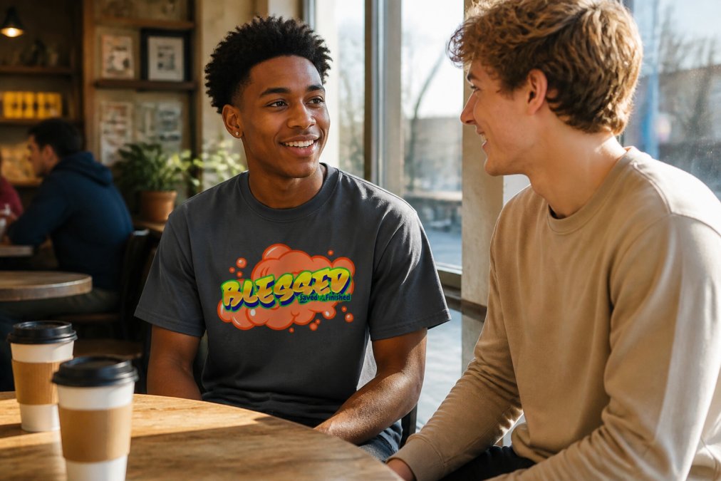 Young adult wearing faith-inspired apparel engaged in genuine conversation with a friend in a casual coffee shop setting, both smiling with natural afternoon lighting streaming through windows