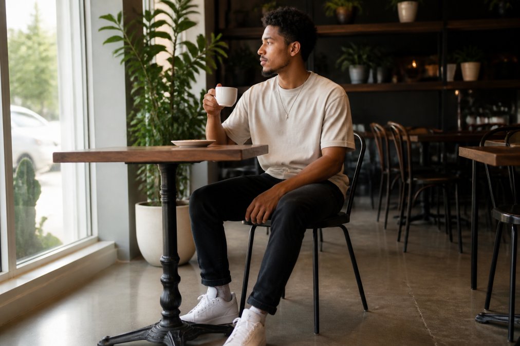 Young adult wearing a faith-inspired graphic tee styled casually with dark jeans and white sneakers in a bright coffee shop setting, demonstrating contemporary Christian streetwear in everyday life