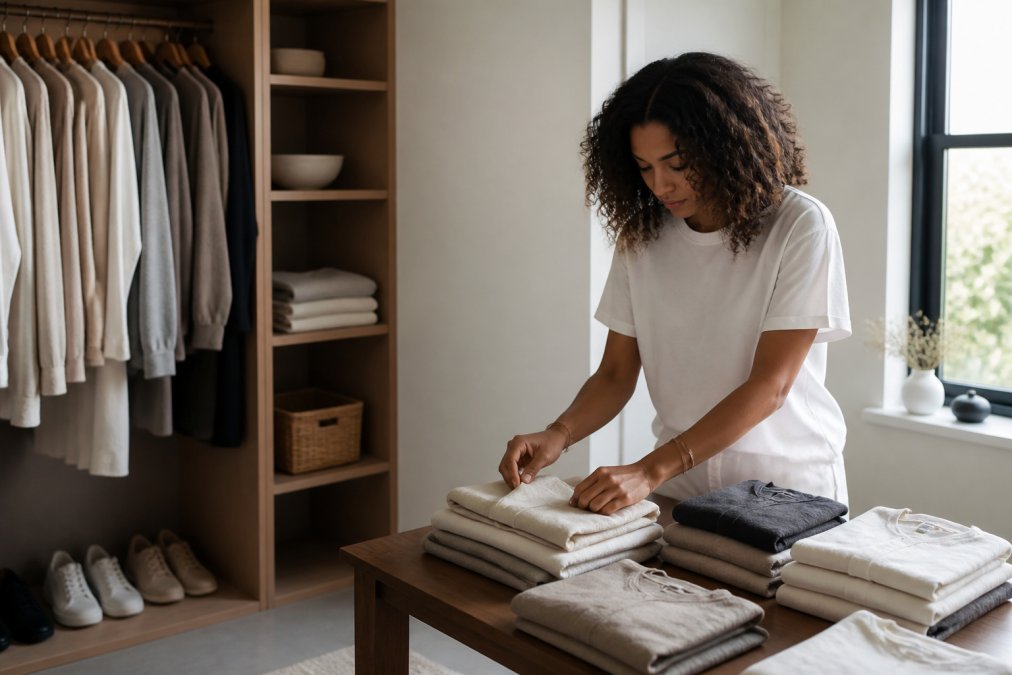 Person carefully folding and arranging neutral-toned spiritual apparel pieces in a minimalist closet space, organizing with intention and mindfulness, soft natural light from window