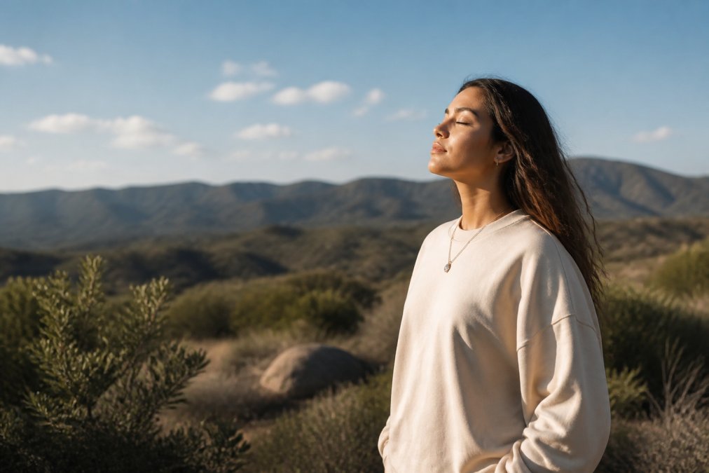 Individual wearing a spiritual apparel piece, standing with calm centered posture and serene expression, embodying alignment and self-assurance in natural daylight