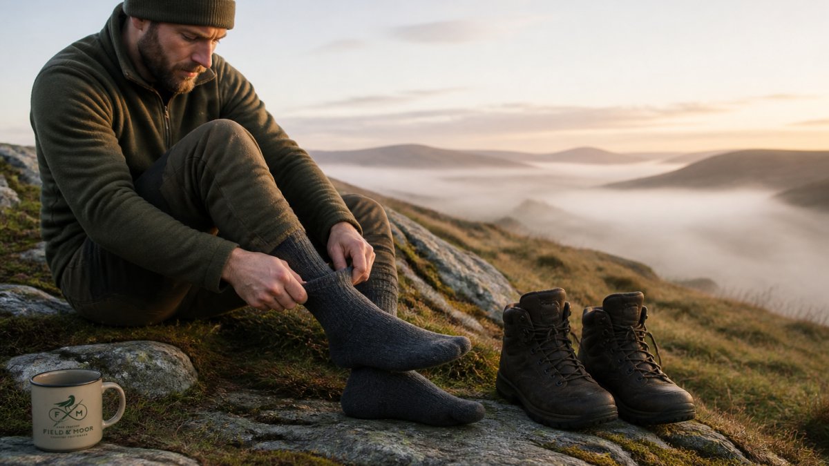 A stalker sitting on a rocky hillside at dawn, pulling on a pair of thick charcoal merino wool socks beside a pair of worn leather country boots, mist over the moorland behind