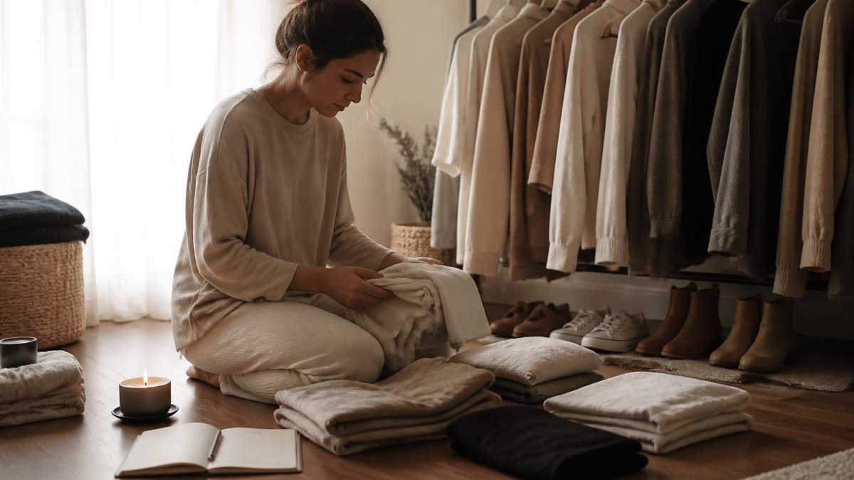 Person organizing neutral-toned clothes in a sunlit room with a journal and candle on the floor