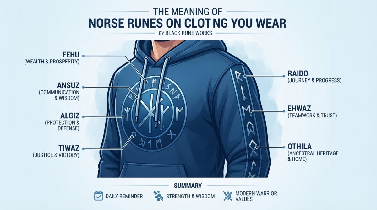 Close-up of a person wearing a high-quality Norse rune hoodie, showing detailed rune embroidery with natural lighting highlighting the craftsmanship and textile quality