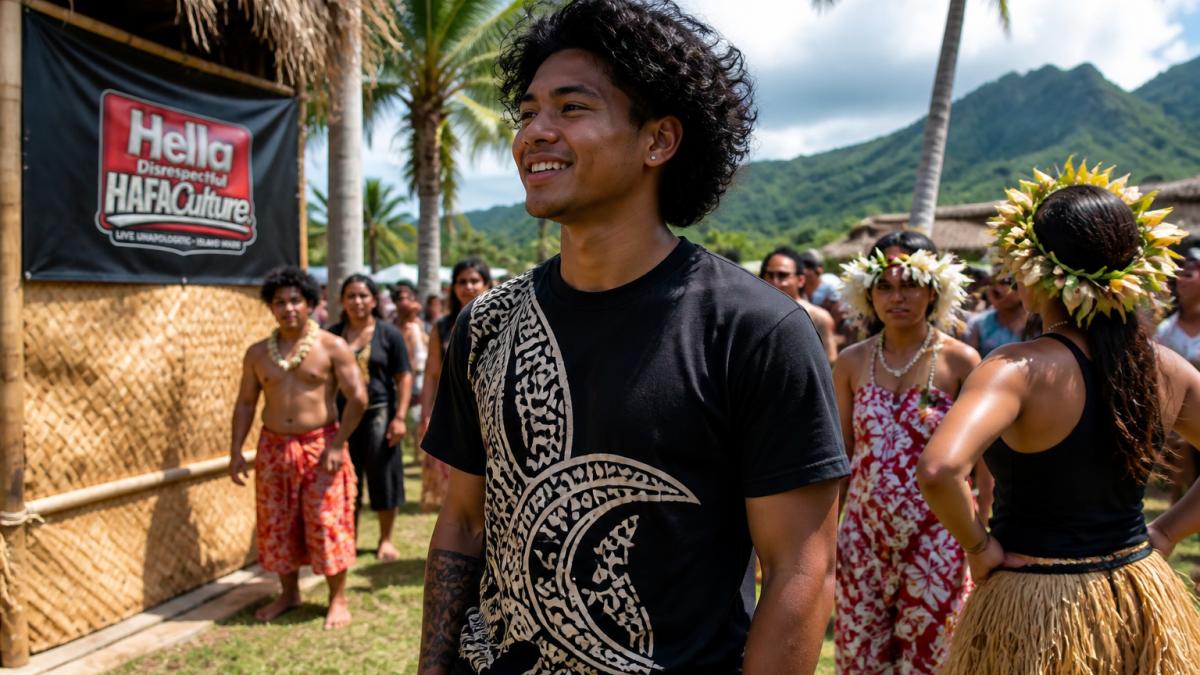 Person wearing a bold Pacific Islander-inspired graphic tee at a cultural festival with vibrant island scenery and community members in traditional and contemporary dress visible in the background