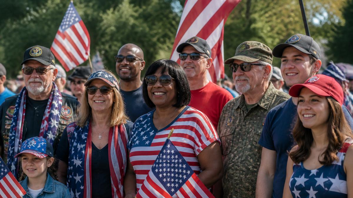Diverse group of people wearing red, white, and blue patriotic apparel and military-themed clothing gathered outdoors at a community rally, showing American flags and expressions of pride and unity