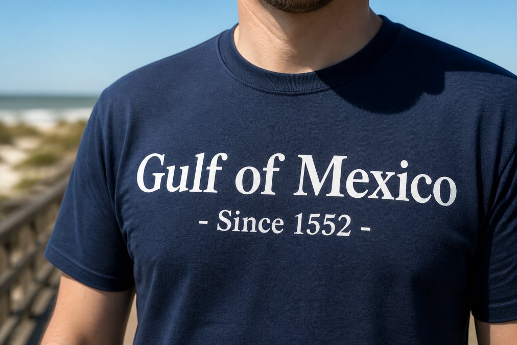 Close-up photograph of a person wearing a navy t-shirt printed with the text 'Gulf of Mexico - Since 1552', natural daylight showing the fabric weave and crisp print detail