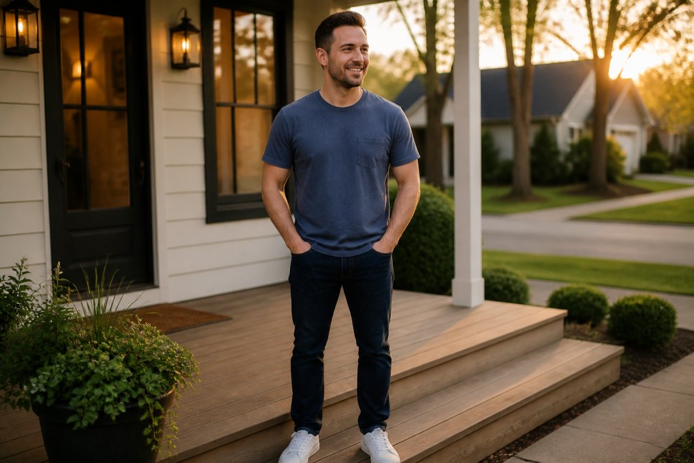 A person in their 30s standing on a front porch in a Northwest Indiana neighborhood, wearing a garment-dyed regional pride t-shirt with dark jeans and clean white sneakers, golden hour sunlight